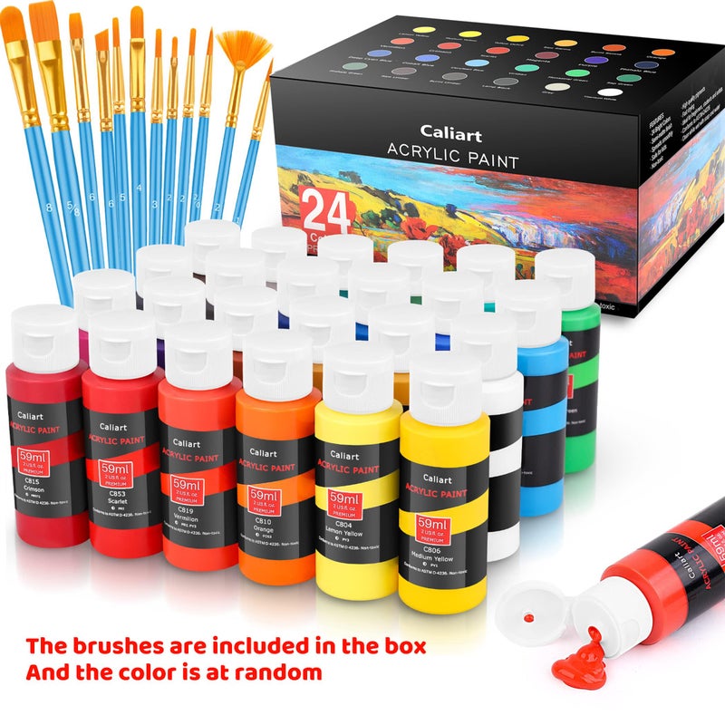 Caliart Acrylic Paint Set With 12 Brushes  24 Colors (59ml  2oz) Art Craft Paints Gifts for Artists Kids Beginners & Painters  Halloween Pumpkin Canvas Ceramic Rock Painting Kit Art Supplies - Image 2